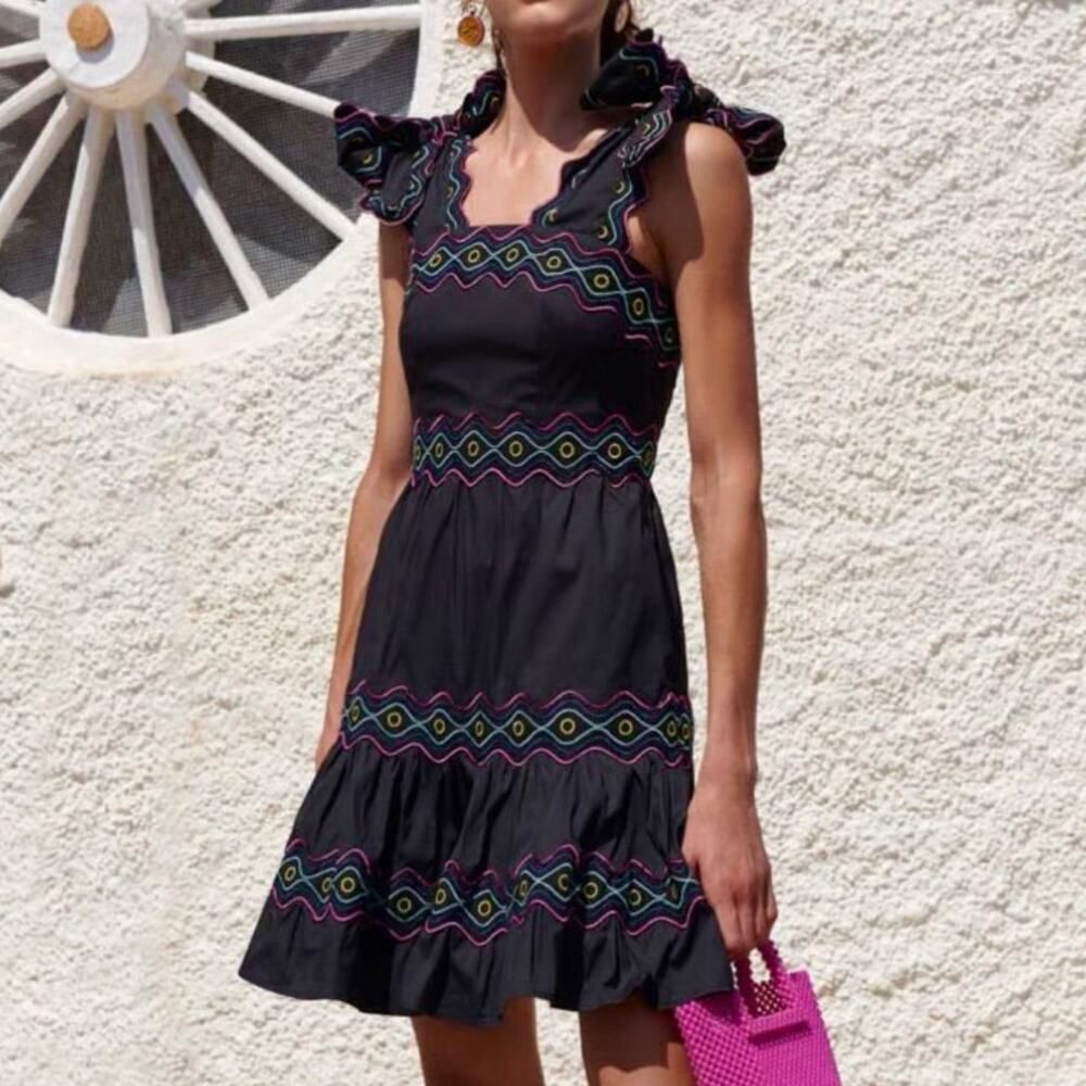 CeliaB Black Mini Dress with Multicolor Embroidered Trim